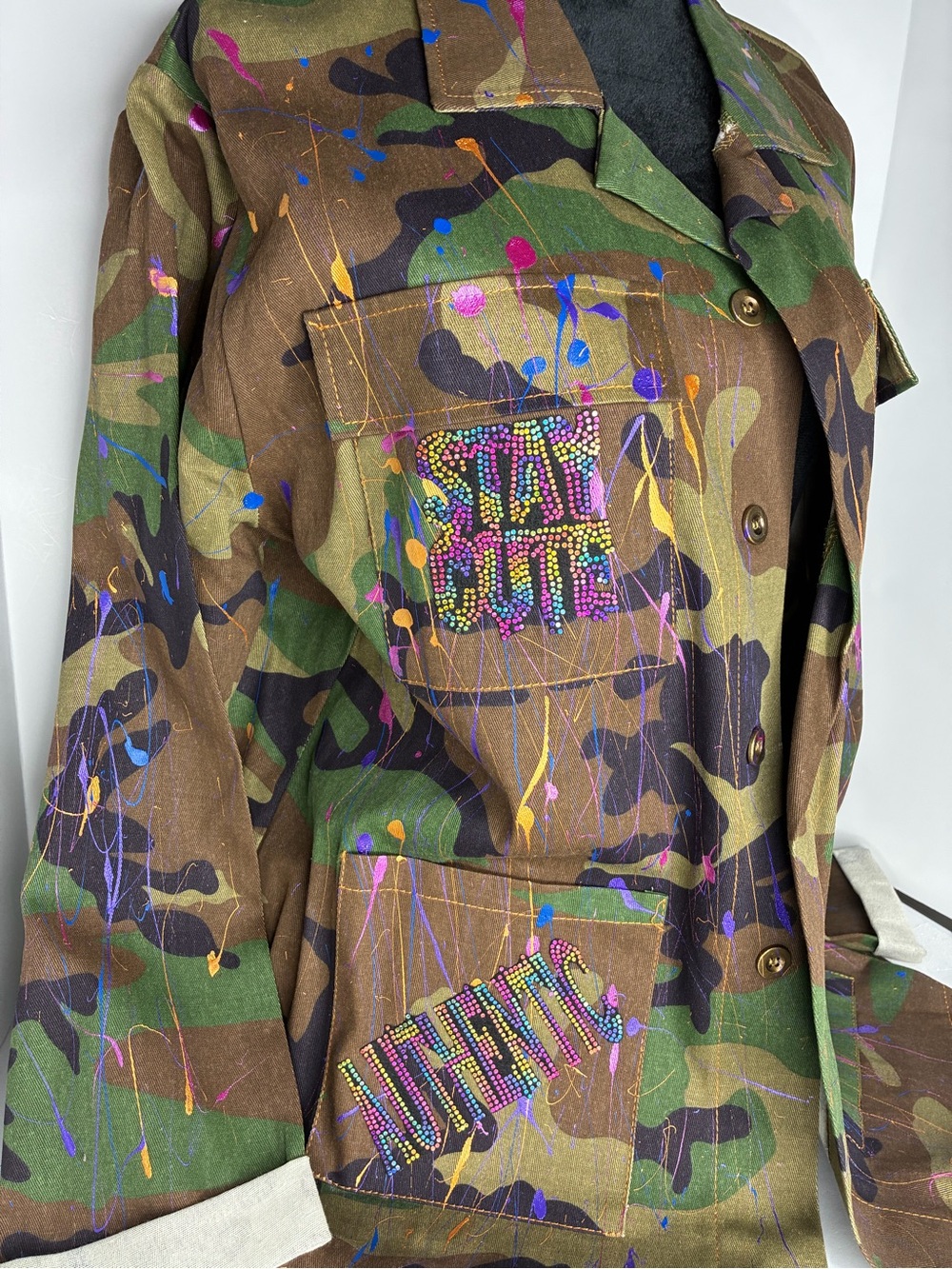 Custom Camo Paint-Splatter Utility Jacket with embellished Patches
